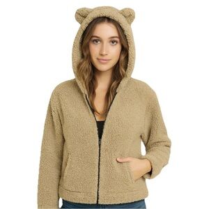 Dances & Marvel Sherpa Teddy Bear Hood Jacket Beige Tan Fuzzy Zip Women’s Medium